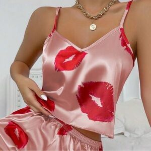 Silky Pink Lip Print Camisole Set
